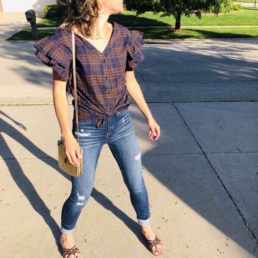 Plaid Ruffle Sleeve Button Up Top
